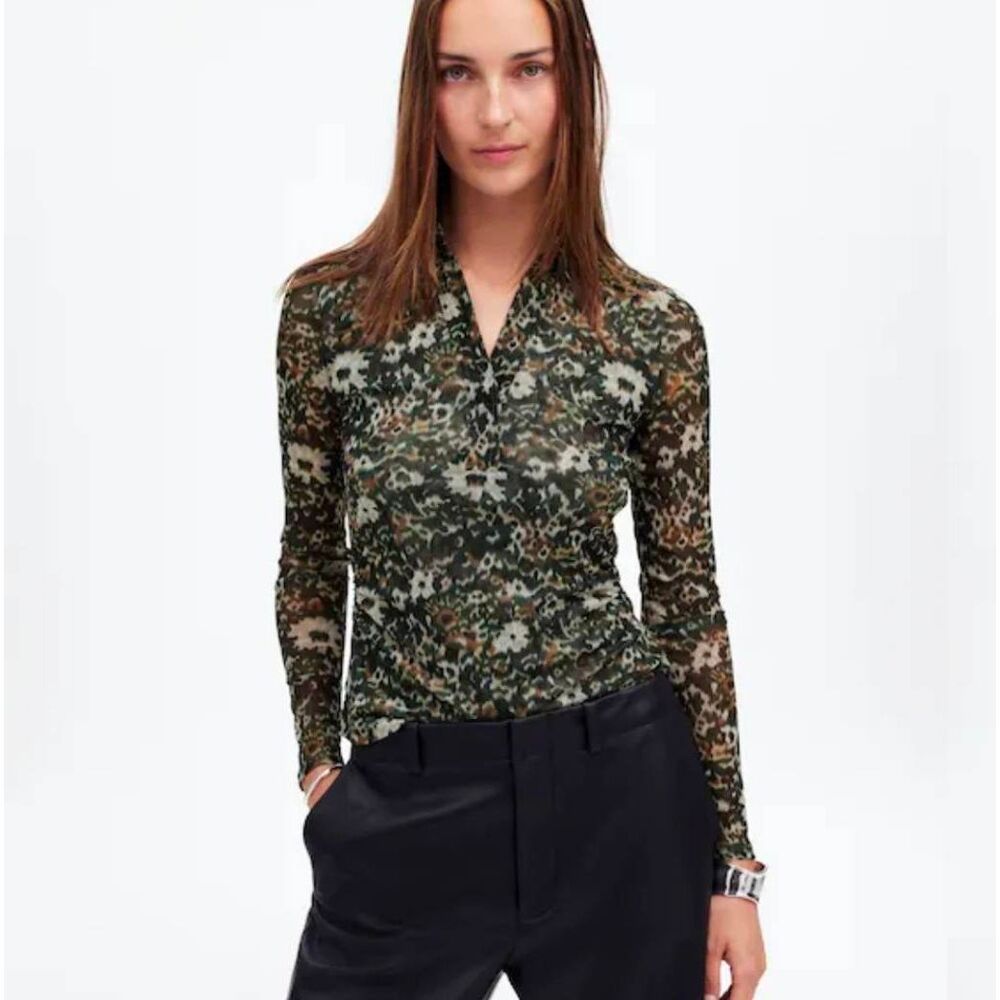 Madewell Long Sleeve Polo Size Large Floral Mesh Cottagecore